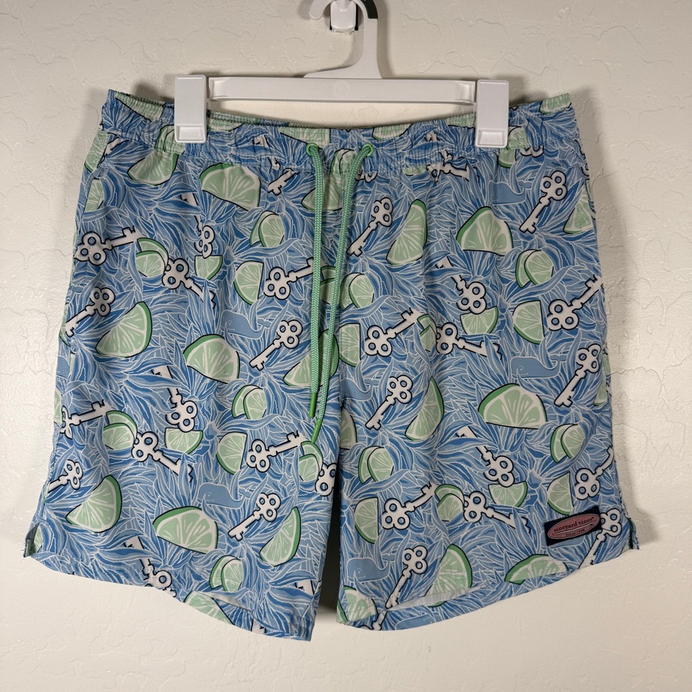 Vineyard Vines Swim Trunks Mens Medium Blue Key Lime Print Chappy Preppy Beach